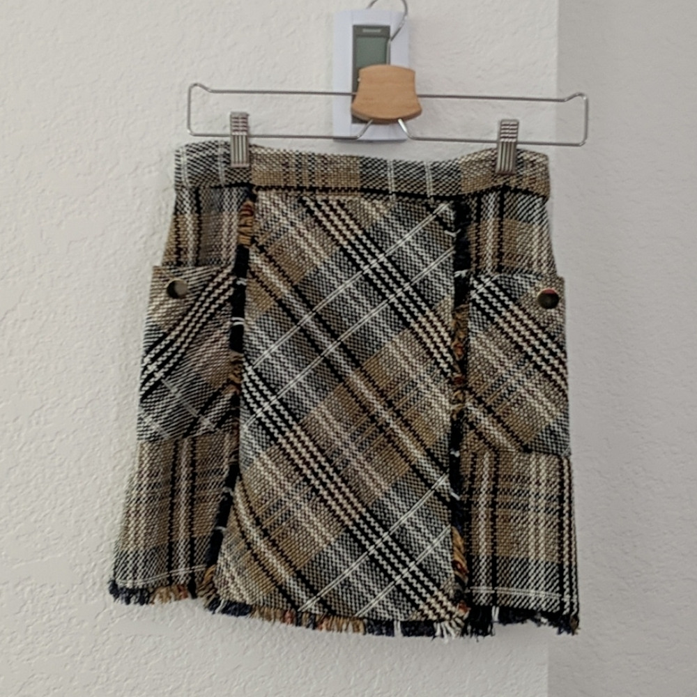 Navy Tan Plaid Tweed Skirt Zara